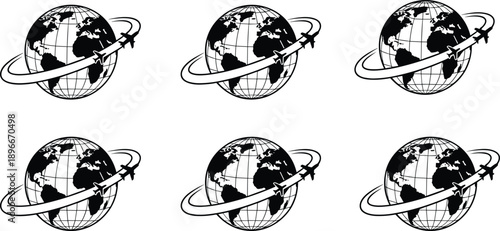 Airplane flying around globe travel icons set world map earth orbit aviation transport tourism monochrome vector illustration collection