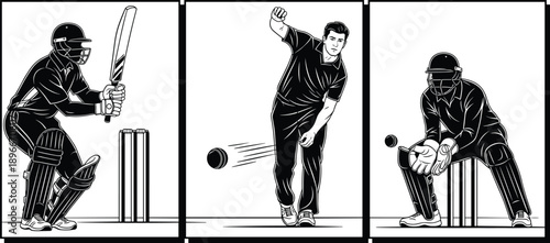 Cricket players batting bowling and wicketkeeping action silhouettes set vector illustration sports competition training match isolated panels design