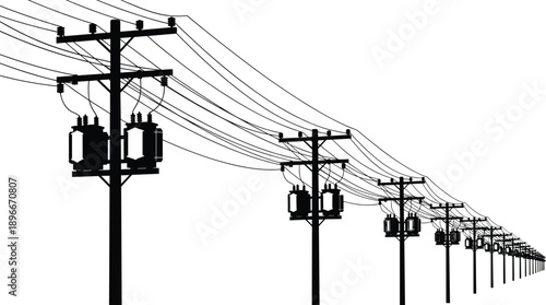 High voltage power line poles silhouette with transformers and cables perspective view, electricity transmission infrastructure network isolated on white