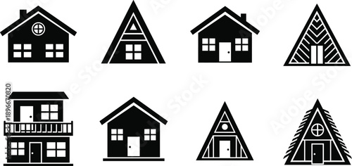 House and cabin silhouettes collection featuring modern homes, A frame cottages, chalet buildings, isolated black vector architecture icons set