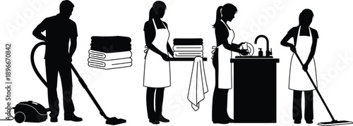 Housekeeping and cleaning service silhouettes set with vacuuming, laundry, dishwashing, mopping tasks isolated black vector household worker icons