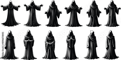 Hooded dark robed figures set mysterious cloaked characters fantasy cult silhouettes standing poses isolated monochrome vector illustration collection