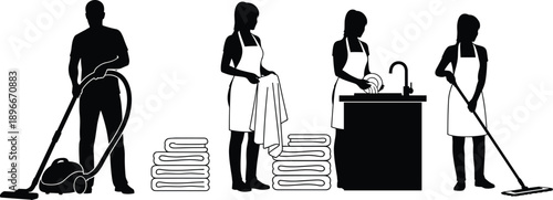 Housekeeping cleaning service silhouettes with vacuuming, laundry folding, dishwashing, floor mopping tasks isolated black vector domestic worker icons