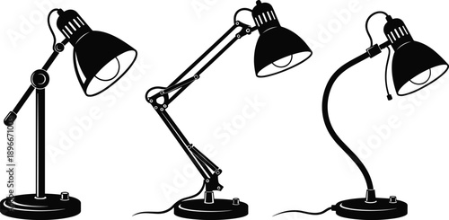 Desk Lamp Silhouette Vector Set Featuring Adjustable Table and Task Lamps, Modern Vintage Office Lighting Illustrations Isolated on White Background for Graphic Design