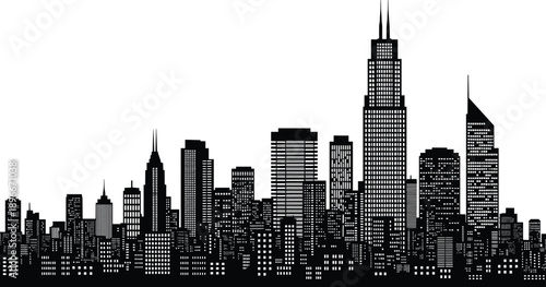 Detailed abstract city skyline black silhouette with many illuminated skyscrapers and buildings, panoramic urban background, isolated vector illustration on white