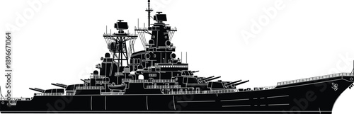 Detailed battleship silhouette illustration depicting powerful naval warship with heavy guns, military fleet and maritime defense concept isolated on white background for history and strategy design