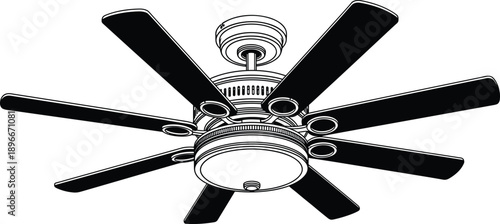 Detailed black and white ceiling fan vector illustration with multiple blades, classic lighting fixture, elegant home interior design element, isolated decorative household appliance artwork