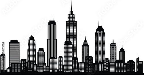 Detailed Black and White City Skyline Silhouette Vector Illustration, Modern Urban Downtown Panorama, Corporate High-Rise Skyscraper Buildings, Financial District Architecture, 
