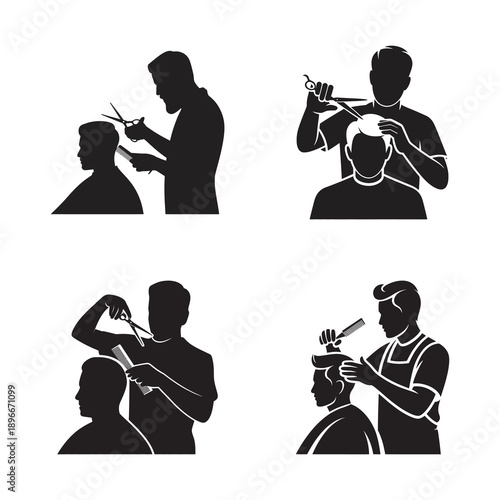 Collection of professional barber shop service silhouettes on white background