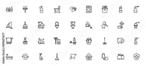 Hygiene icon set. Vector illustration pack. Includes laundry, cleaner, toilet, shower, vacuum, toothbrush, towel, mop and more. Clean line symbols.