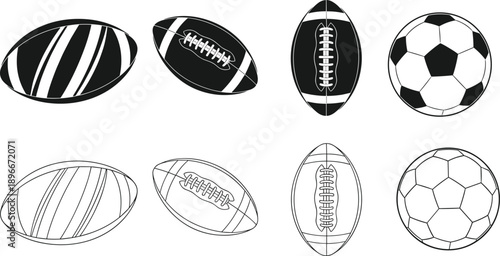 Sports ball silhouettes and outlines collection featuring rugby, american football, soccer balls isolated black vector athletic game icons