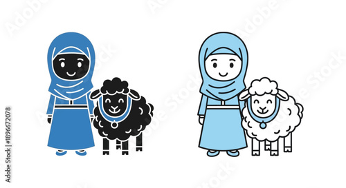 Children islamic girl sheep farm animal illustration Vector