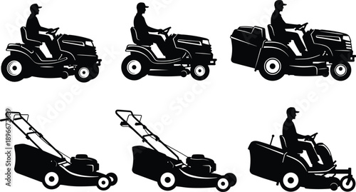 Lawn mower silhouettes collection featuring ride on and push grass cutting machines, landscaping equipment isolated black vector garden icons