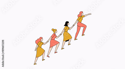 Group of diverse women in colorful dresses holding hands and stepping upward to reach goals representing mutual support and shared vision
