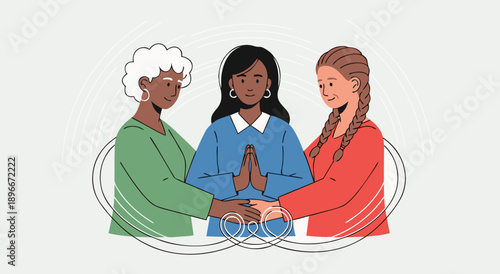 Diverse women of different generations standing together representing intergenerational support and peace