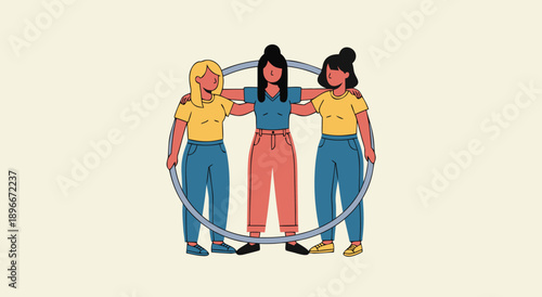 Diverse women standing together inside a protective circle representing unity sisterhood and mutual support