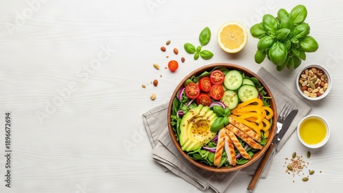 Wallpaper Mural Healthy Chicken Salad Bowl with Avocado, Cucumber, Tomatoes, and Peppers Torontodigital.ca