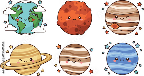 Cute kawaii solar system planets with smiling faces cartoon earth jupiter saturn space characters kids astronomy vector illustration set