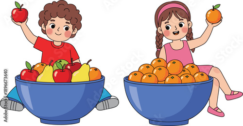 Cute children holding fresh fruits with bowls, healthy eating concept, kids nutrition cartoon characters vector illustration set