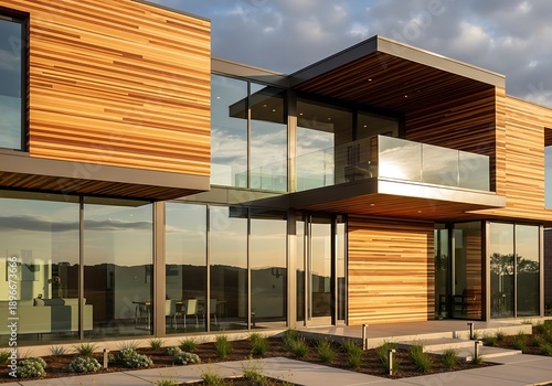 Stylish modern home with wooden cladding and expansive glass facade
