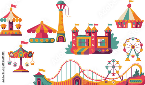 Colorful amusement park vector illustration with roller coaster, ferris wheel, carousel, circus tent, bounce castle, and funfair entertainment design elements