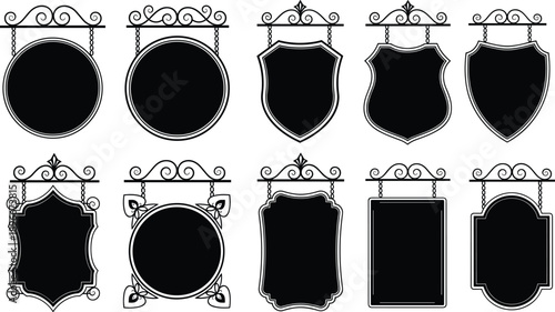 Vintage hanging signboard silhouettes set with ornamental frames decorative shop signs retro labels badges plaques vector illustration collection