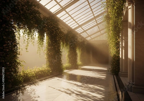 Sunlit passage with climbing greenery and architectural marble elements