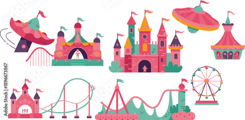 Colorful amusement park vector illustration with roller coaster, ferris wheel, castle, circus tent, UFO ride, funfair attractions, and fantasy theme