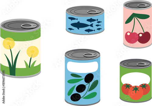 Colorful canned food illustration with fruits, vegetables, and fish designs, vector art of preserved food packaging and label design concept
