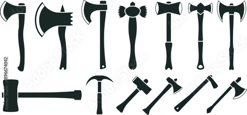 Assortment of black silhouette axe and hammer icons, combat weapons and heavy tools set with hatchet and sledgehammer vector symbols.
