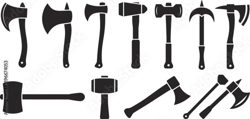 Assortment of black silhouette axes and hammers, combat and tool weapons including hatchet and sledgehammer, isolated vector icon collection.