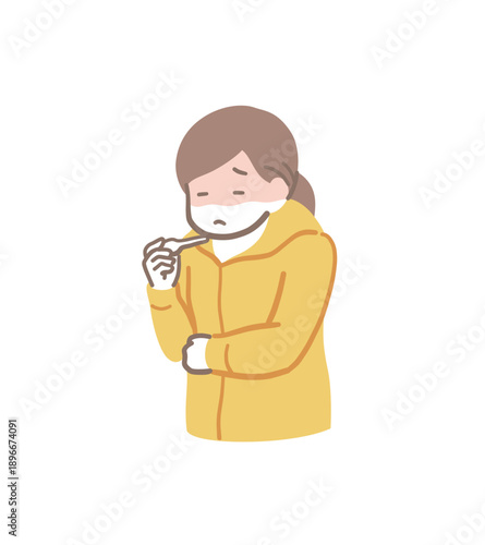 熱が出て体温計で体温を測る女性のイラスト素材
