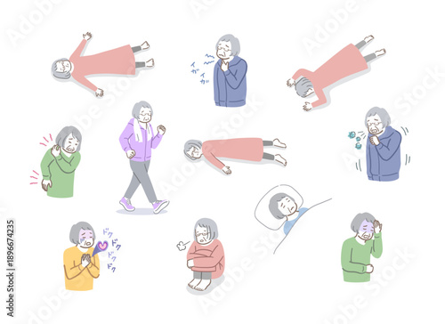 具合が悪そうな年配の女性のイラストセット