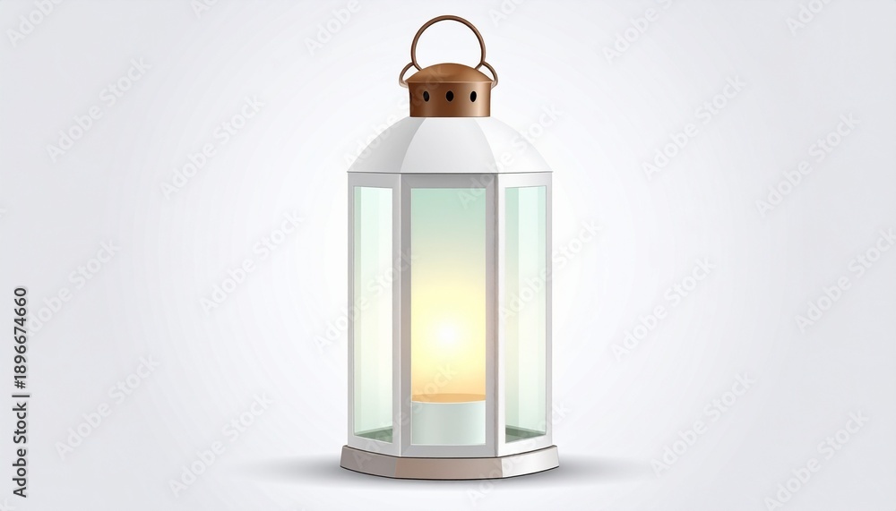 Fototapeta premium Elegant White Lantern with Warm Light on White Background.