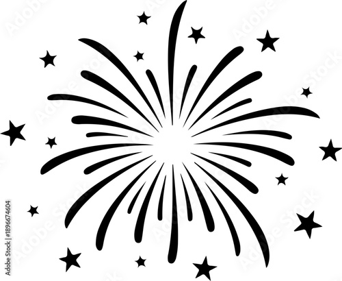 Minimalist black fireworks line art illustration with clean curved strokes and small star elements. Simple and modern outline design in solid black color, isolated on white background.
