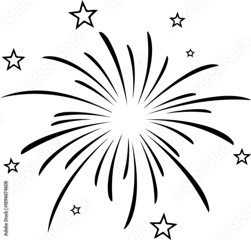 Minimalist black fireworks line art illustration with clean curved strokes and small star elements. Simple and modern outline design in solid black color, isolated on white background.