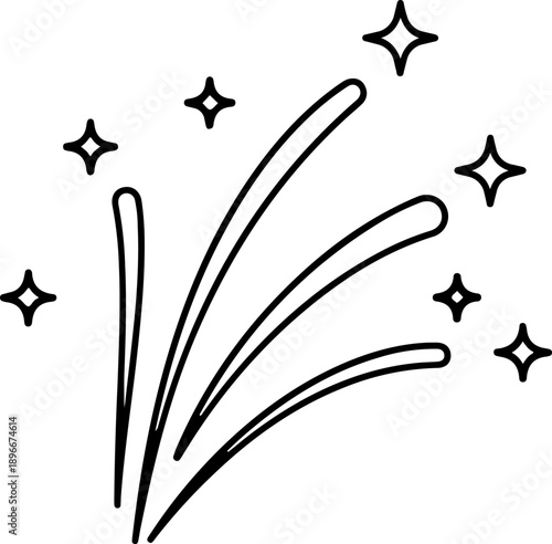 Minimalist black fireworks line art illustration with clean curved strokes and small star elements. Simple and modern outline design in solid black color, isolated on white background.