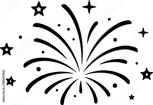 Minimalist black fireworks line art illustration with clean curved strokes and small star elements. Simple and modern outline design in solid black color, isolated on white background.