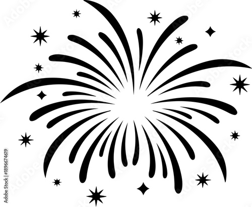 Minimalist black fireworks line art illustration with clean curved strokes and small star elements. Simple and modern outline design in solid black color, isolated on white background.