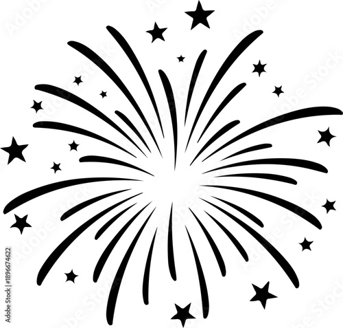 Minimalist black fireworks line art illustration with clean curved strokes and small star elements. Simple and modern outline design in solid black color, isolated on white background.