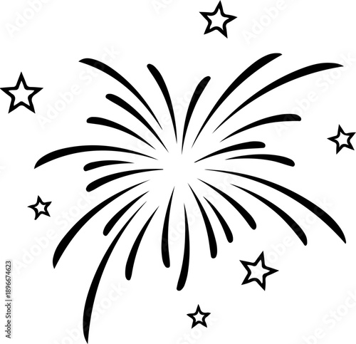Minimalist black fireworks line art illustration with clean curved strokes and small star elements. Simple and modern outline design in solid black color, isolated on white background.