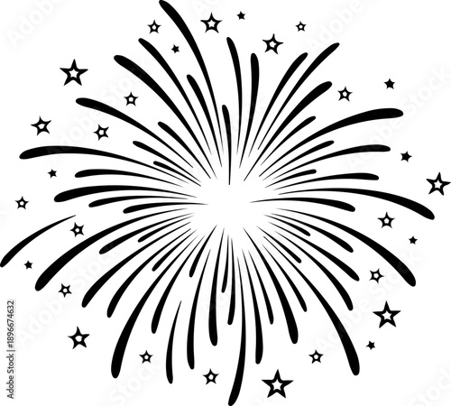 Minimalist black fireworks line art illustration with clean curved strokes and small star elements. Simple and modern outline design in solid black color, isolated on white background.