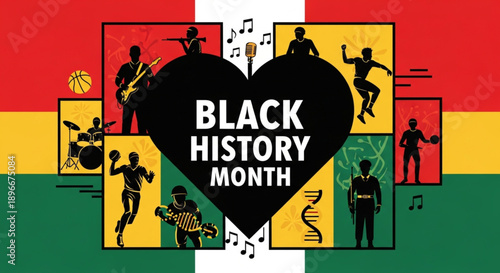 Celebrating Black History Month with diverse African American figures in music, sports, and culture, featuring a bold heart graphic and Pan-African colors. Black history month banner, poster, graphic 