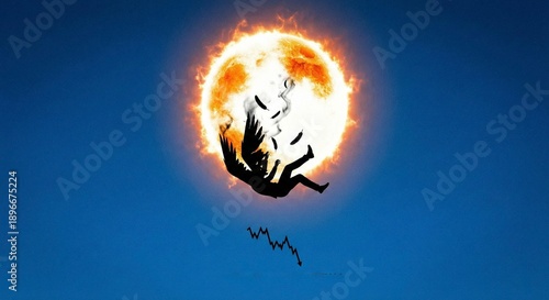 Silhouette of Icarus falling from the sun with melting wings concept