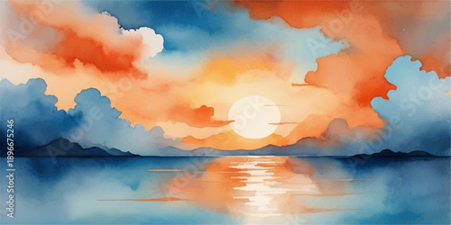 Sunset over lake and sea with colorful sky and water reflection