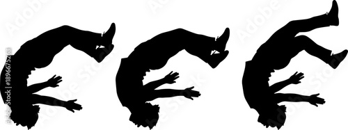 Parkour backflip silhouette sequence of acrobatic athlete in mid air motion, extreme sport jump poses, human action vector illustration isolated on white background