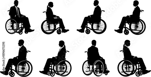 Set of wheelchair user silhouettes showing business men and women in different seated positions, isolated on white background, disability accessibility inclusion concept illustration for corporate 