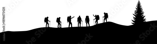 Silhouette group of hikers trekking together across hill landscape symbolizing teamwork, outdoor adventure and exploration, hiking journey concept, nature travel and expedition illustration