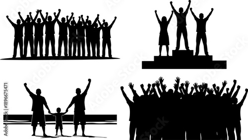 Silhouette groups of people cheering with raised hands, symbolizing unity, victory, teamwork, leadership, success, celebration, community spirit and collective achievement on white background