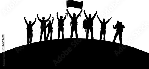 Silhouette group celebrating victory on hilltop with raised arms and flag, symbolizing teamwork, success, leadership, unity, achievement, motivation and triumphant milestone moment